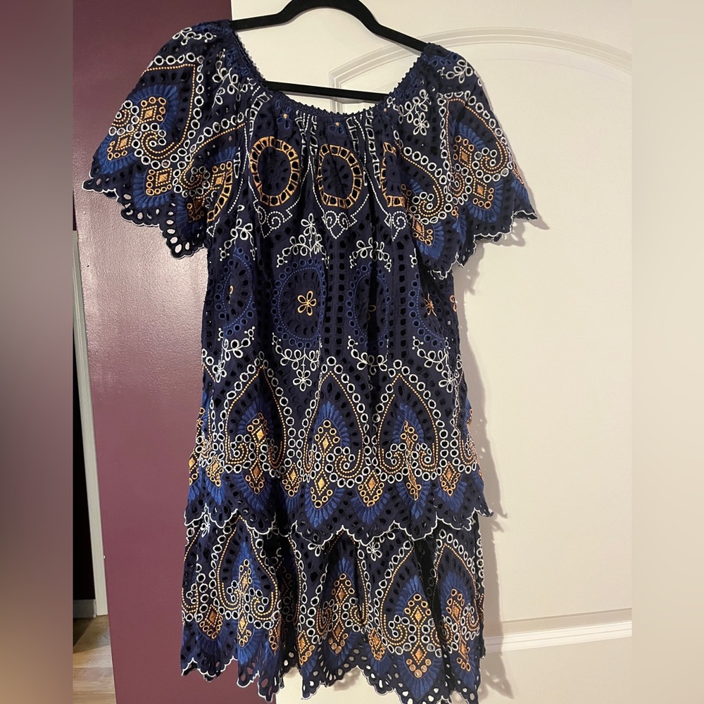 Anthropologie Elegant Navy Blue Embroidered Dress